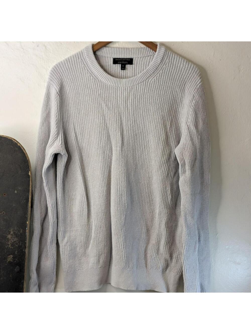 Banana Republic Cotton Linen Ribbed Knit Crewneck Sweater Light Gray Mens M